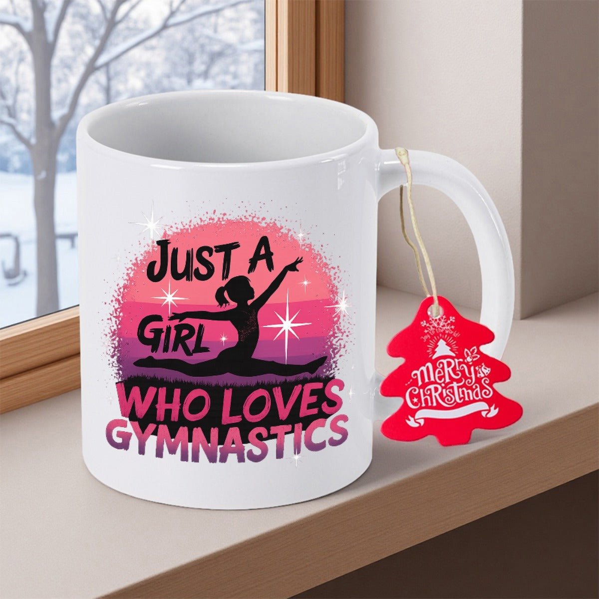 Tailorly White Ceramic 11 oz Mug - Just A Girl Who Loves Gymnastics Silhouette Performing Split Leap Amidst Sparkling Pink Circular Background Gymnast
