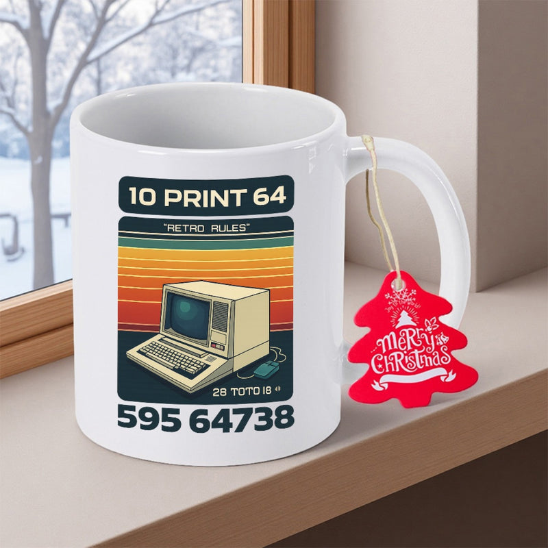 Tailorly White Ceramic 11 oz Mug - 10 Print 64 Retro Rules 20 Goto 10 595 64738 Vintage Personal Computer Resting Before Retro Striped Sunset Background Computer