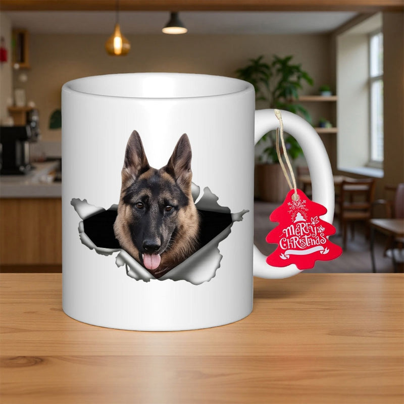 Tailorly White Ceramic 11 oz Mug - Merry Christmas Realistic German Shepherd Peeking Through A Torn Paper Hole Dog