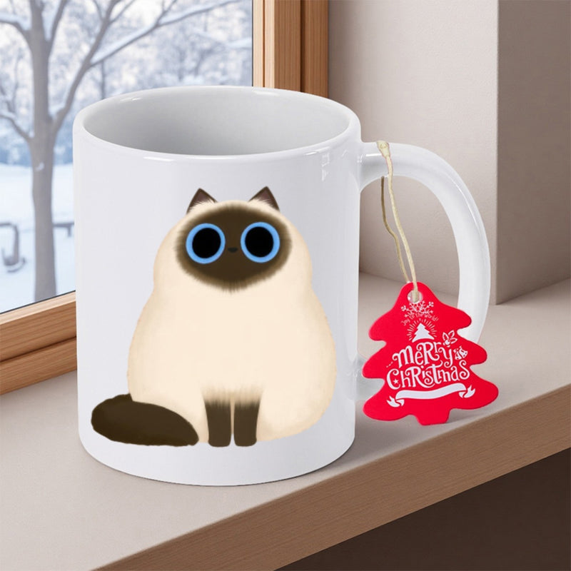 Tailorly White Ceramic 11 oz Mug - Merry Christmas Adorable Fluffy Siamese Animal With Big Blue Eyes Sitting Quietly Cat
