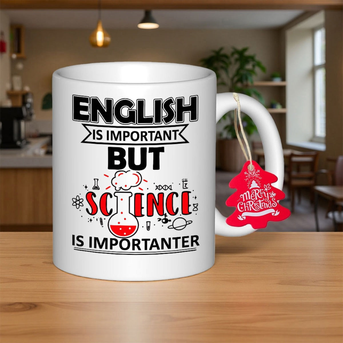Tailorly White Ceramic 11 oz Mug - English Is Important But Science Is Importanter Bubbling Lab Flask Surrounded By Atoms And Mathematical Science Icons Flask
