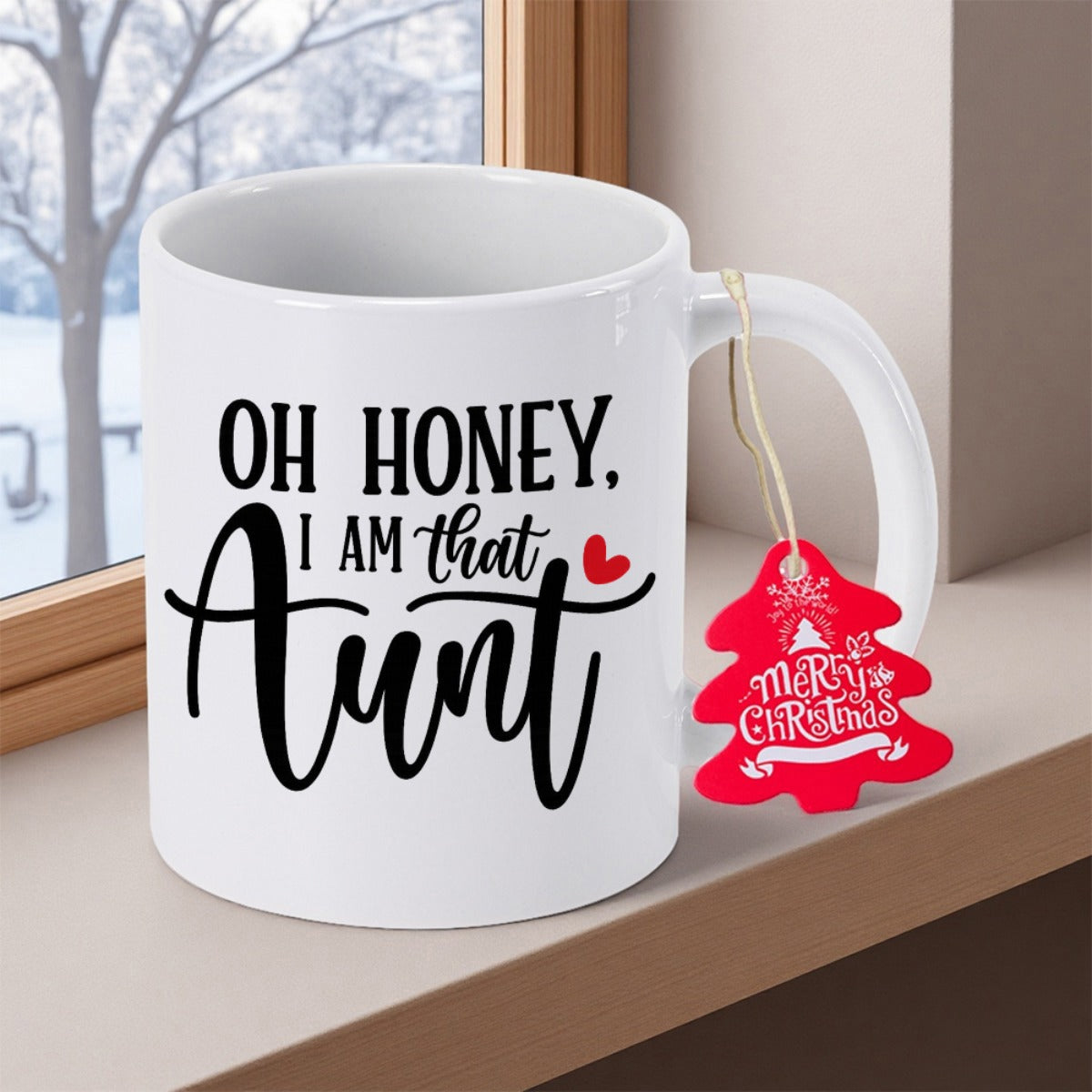 Tailorly White Ceramic 11 oz Mug - Oh Honey I Am That Aunt Minimalist Red Heart Next To Bold And Script Typography Mug