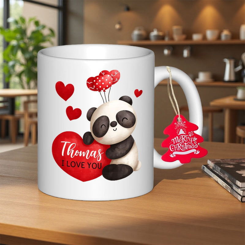 Tailorly White Ceramic 11 oz Mug - Thomas I Love You Adorable Small Panda Holding Large Red Heart With Floating Heart Balloons Panda