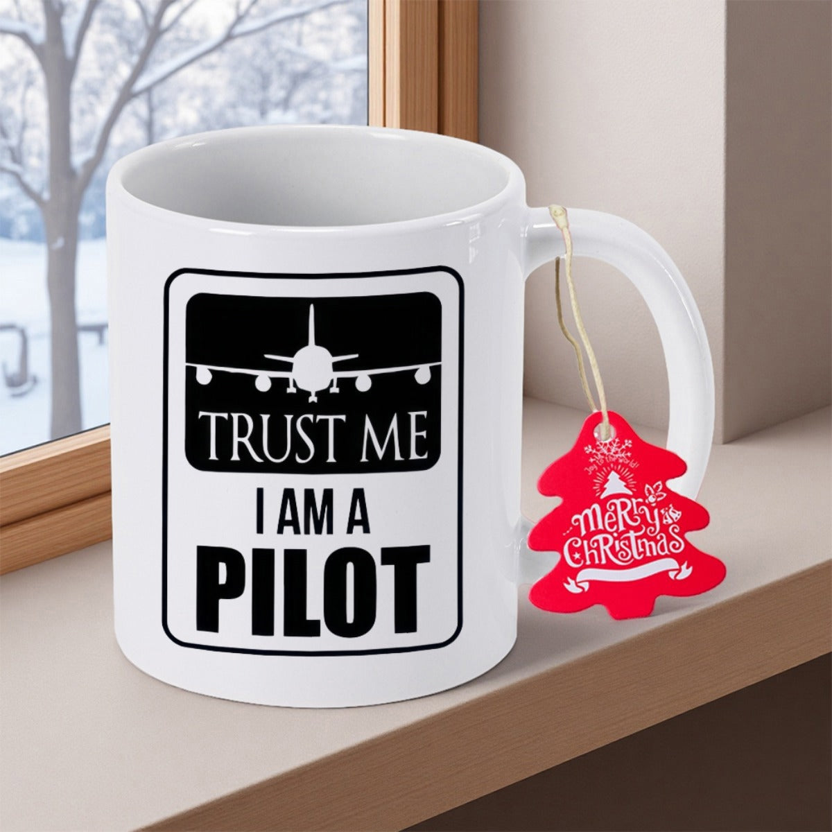 Tailorly White Ceramic 11 oz Mug - Trust Me I Am A Pilot Sleek Silhouette Of A Commercial Jet Flying Through The Air Airplane