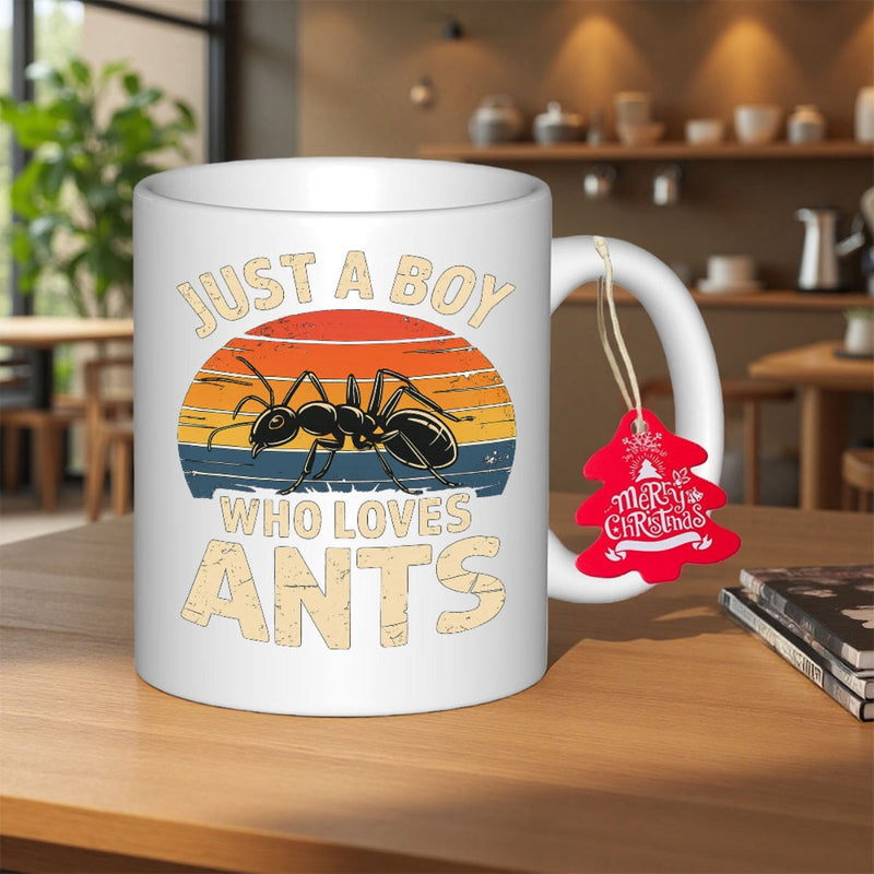 Tailorly White Ceramic 11 oz Mug - Just A Boy Who Loves Ants Vintage Retro Sunset Stripes With A Realistic Black Insect Ant