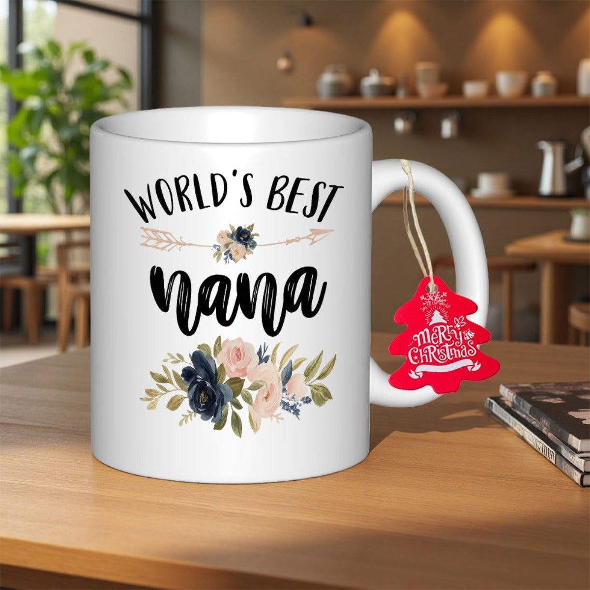 Tailorly White Ceramic 11 oz Mug - Worlds Best Nana Elegant Navy And Pink Floral Arrangement Under A Decorative Rustic Arrow Flower