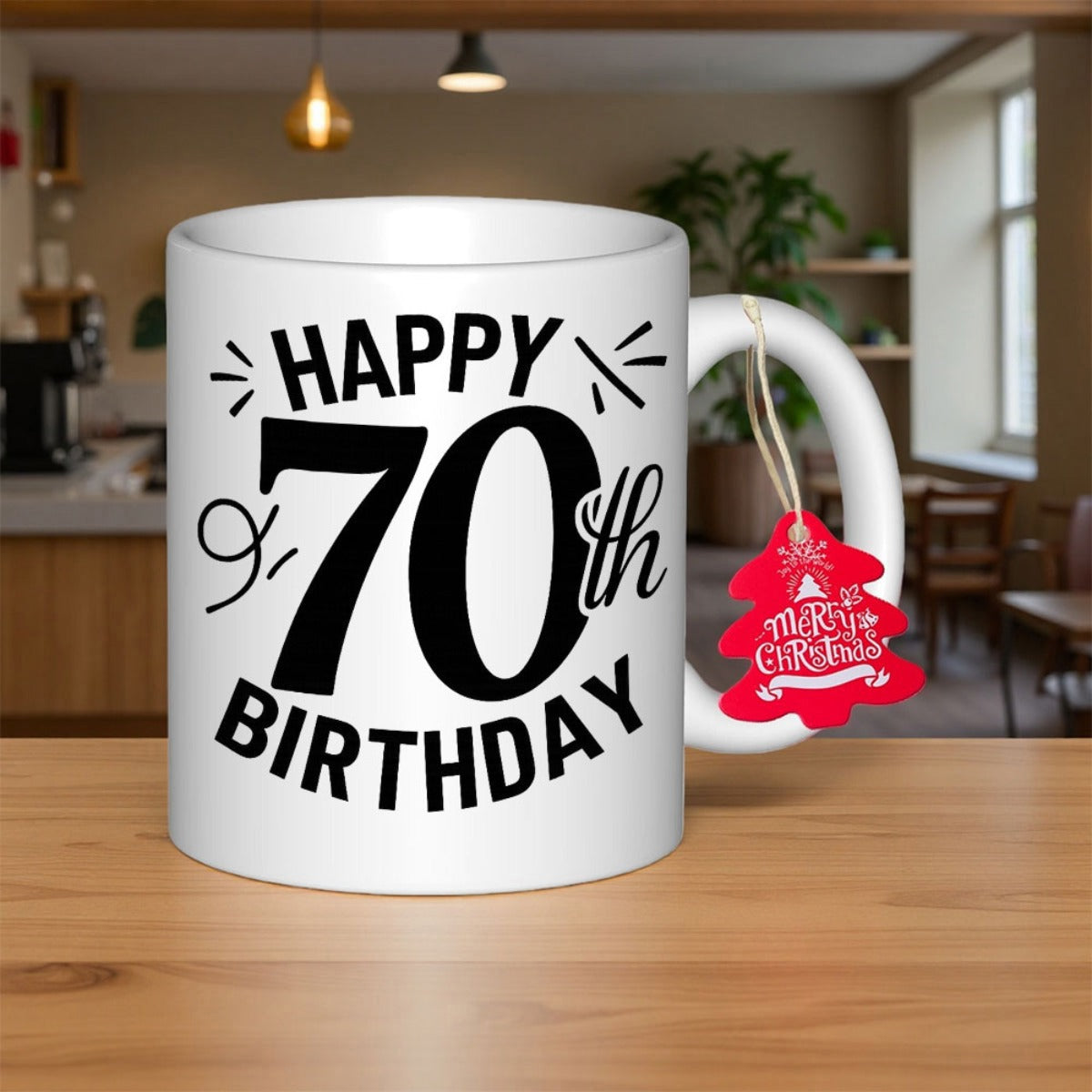 Tailorly White Ceramic 11 oz Mug - Happy 70th Birthday Bold Stylized Script Featuring Elegant Swirls And Minimalist Geometric Decorative Accent Lines Number