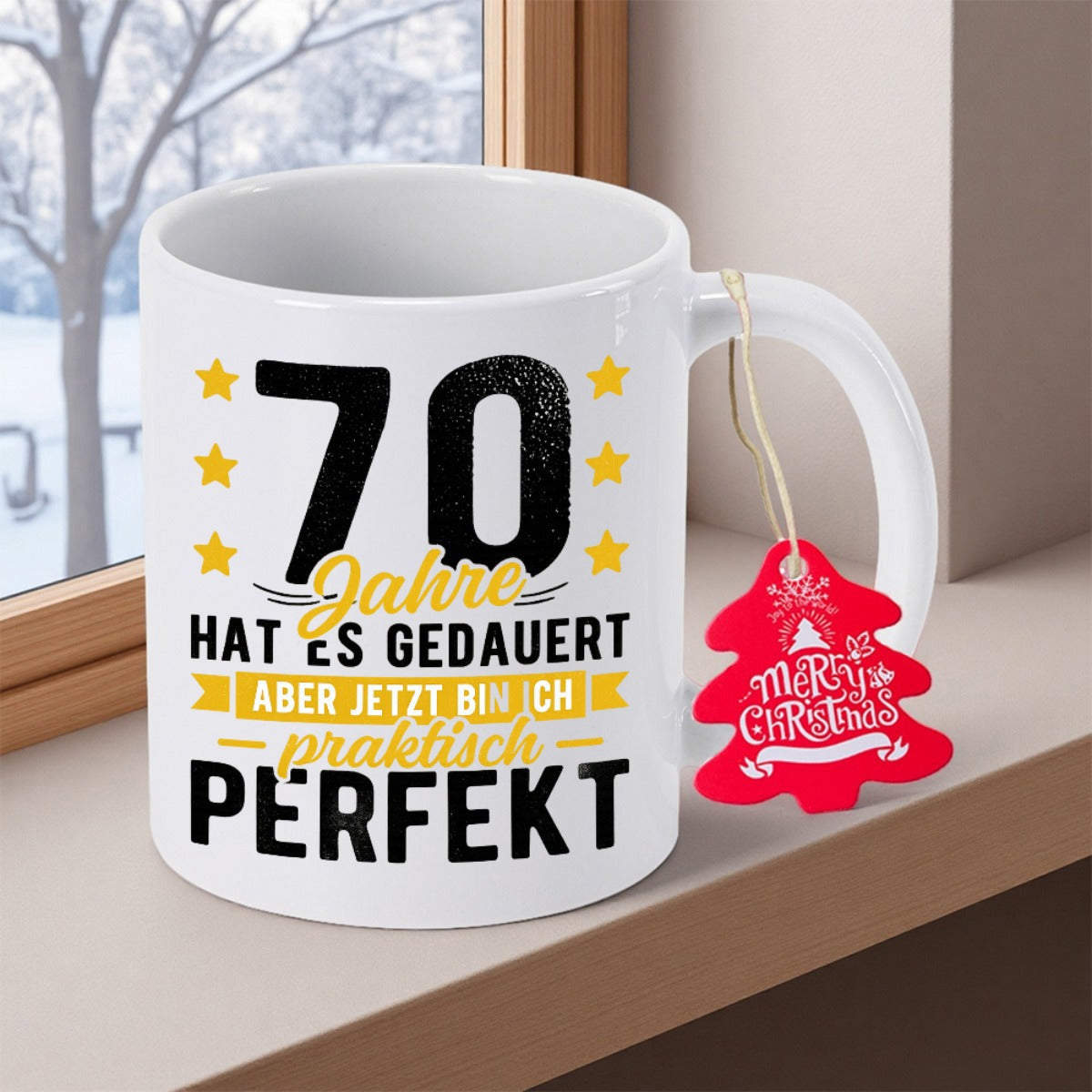 Tailorly White Ceramic 11 oz Mug - Minimalist White Ceramic Cup Featuring Small Yellow Stars And Text Mug