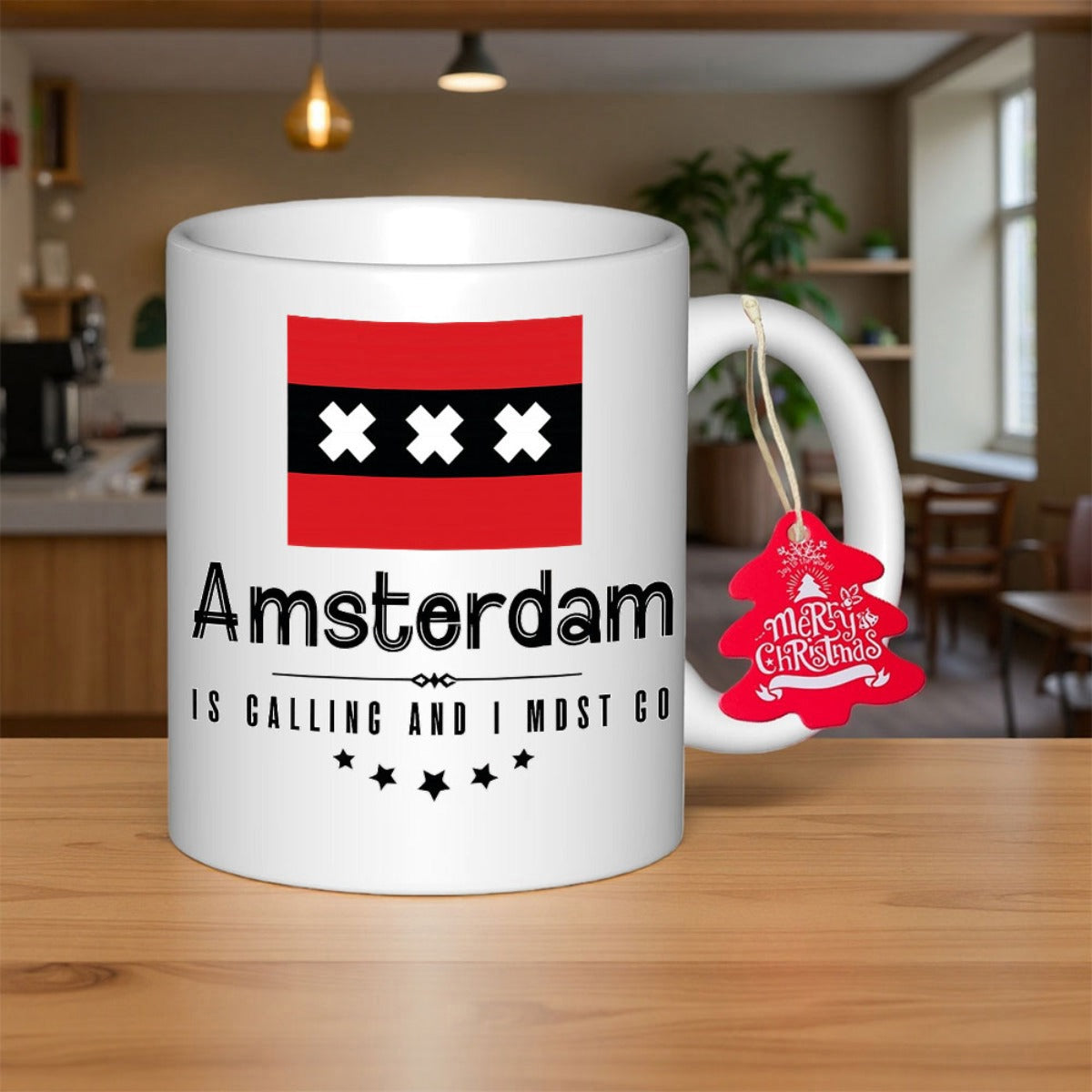 Tailorly White Ceramic 11 oz Mug - Amsterdam Is Calling And I Must Go Red And Black Flag With Three White Crosses Mug