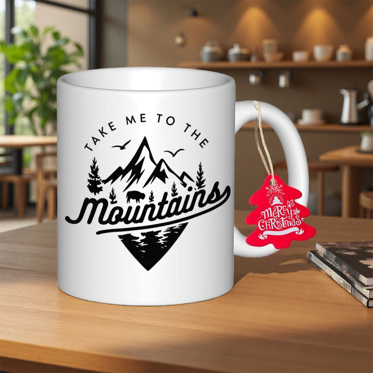 Tailorly White Ceramic 11 oz Mug - Take Me To The Mountains Majestic Peaks With Soaring Birds And Evergreen Forest Trees Mountain