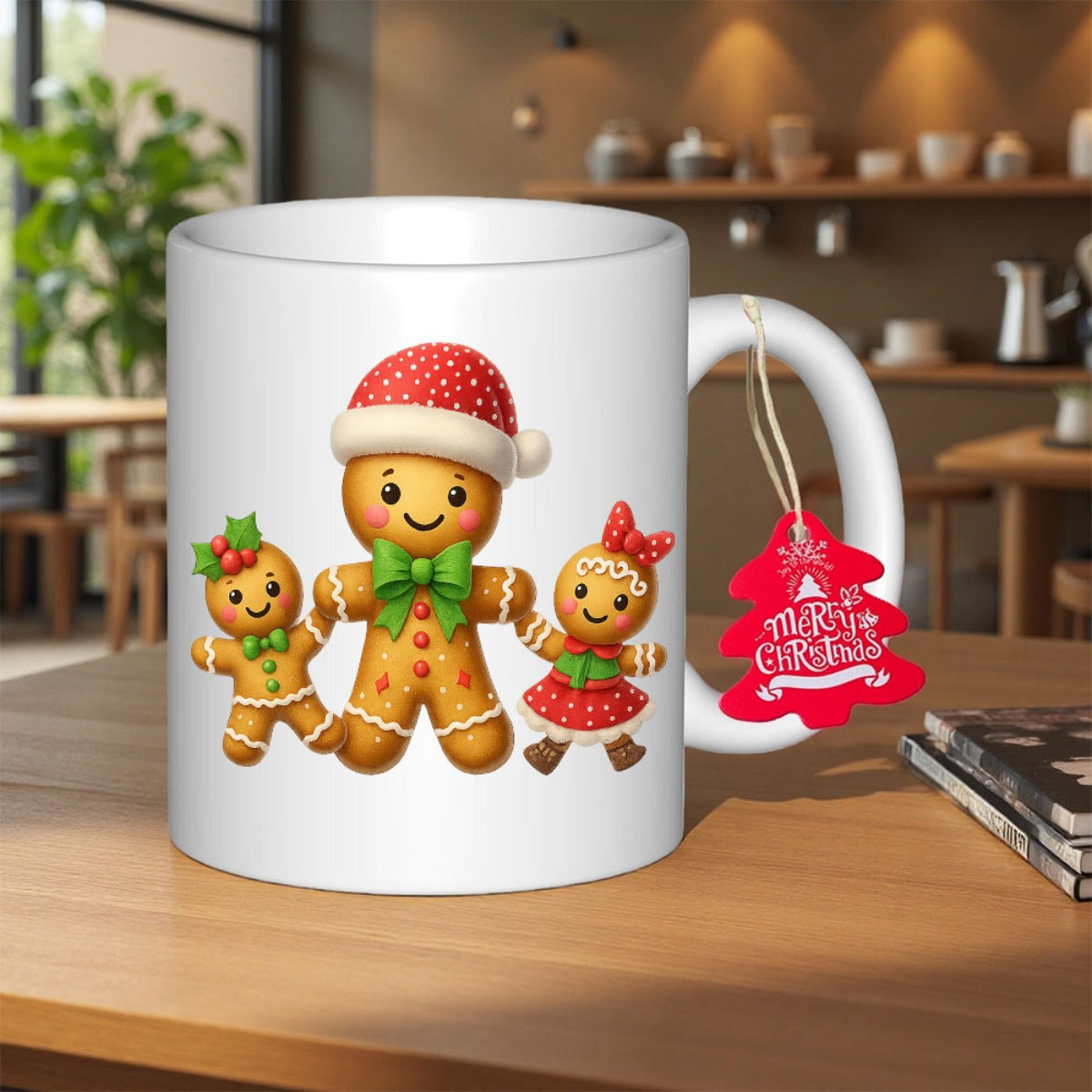 Tailorly White Ceramic 11 oz Mug - Merry Christmas Festive Smiling Cookie Family Wearing Santa Hat And Green Bows Gingerbread