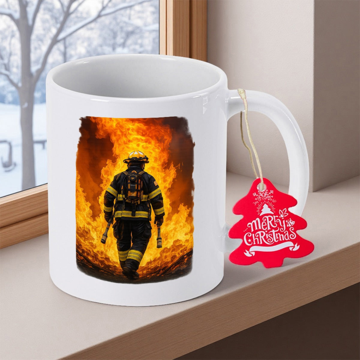 Tailorly White Ceramic 11 oz Mug - Merry Christmas Brave Heroic Figure Walking Through Intense Blazing Orange Fire Firefighter