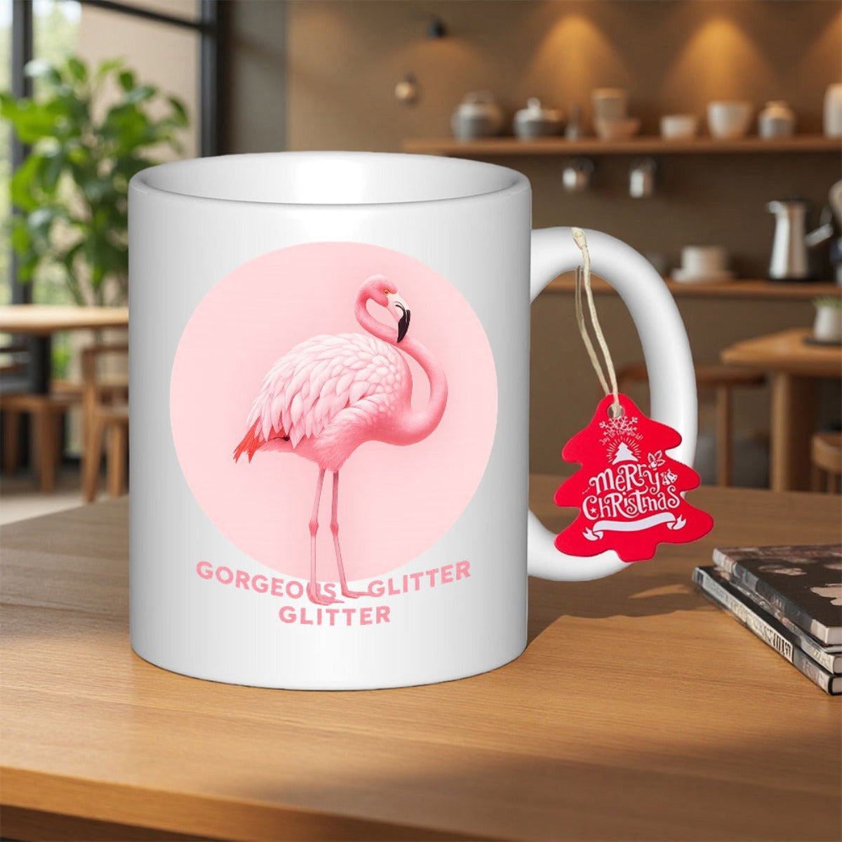 Tailorly White Ceramic 11 oz Mug - Gorgeous Glitter Glitter Merry Christmas Elegant Pink Bird Standing Within A Soft Circular Backdrop Flamingo