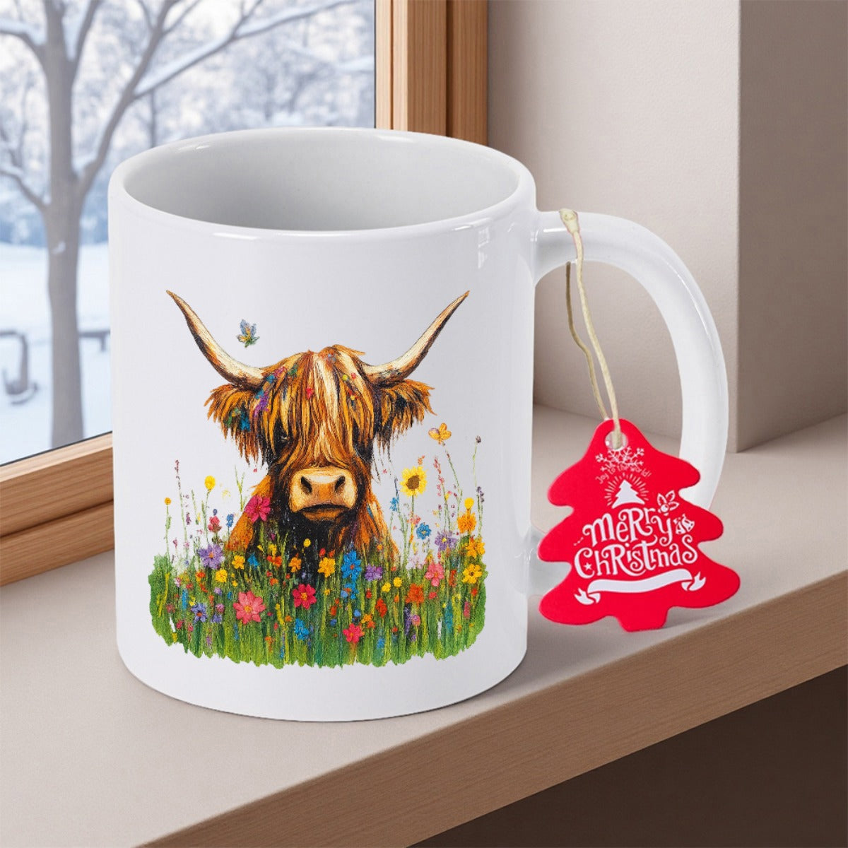 Tailorly White Ceramic 11 oz Mug - Merry Christmas Shaggy Brown Highland Cow Standing Among Colorful Blooming Wildflowers Cow