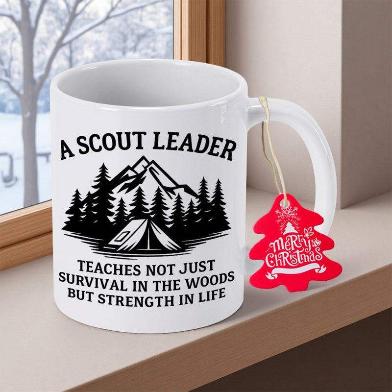 Tailorly White Ceramic 11 oz Mug - A Scout Leader Teaches Not Just Survival In The Woods But Strength In Life Majestic Mountain Peaks With Evergreen Pine Trees And