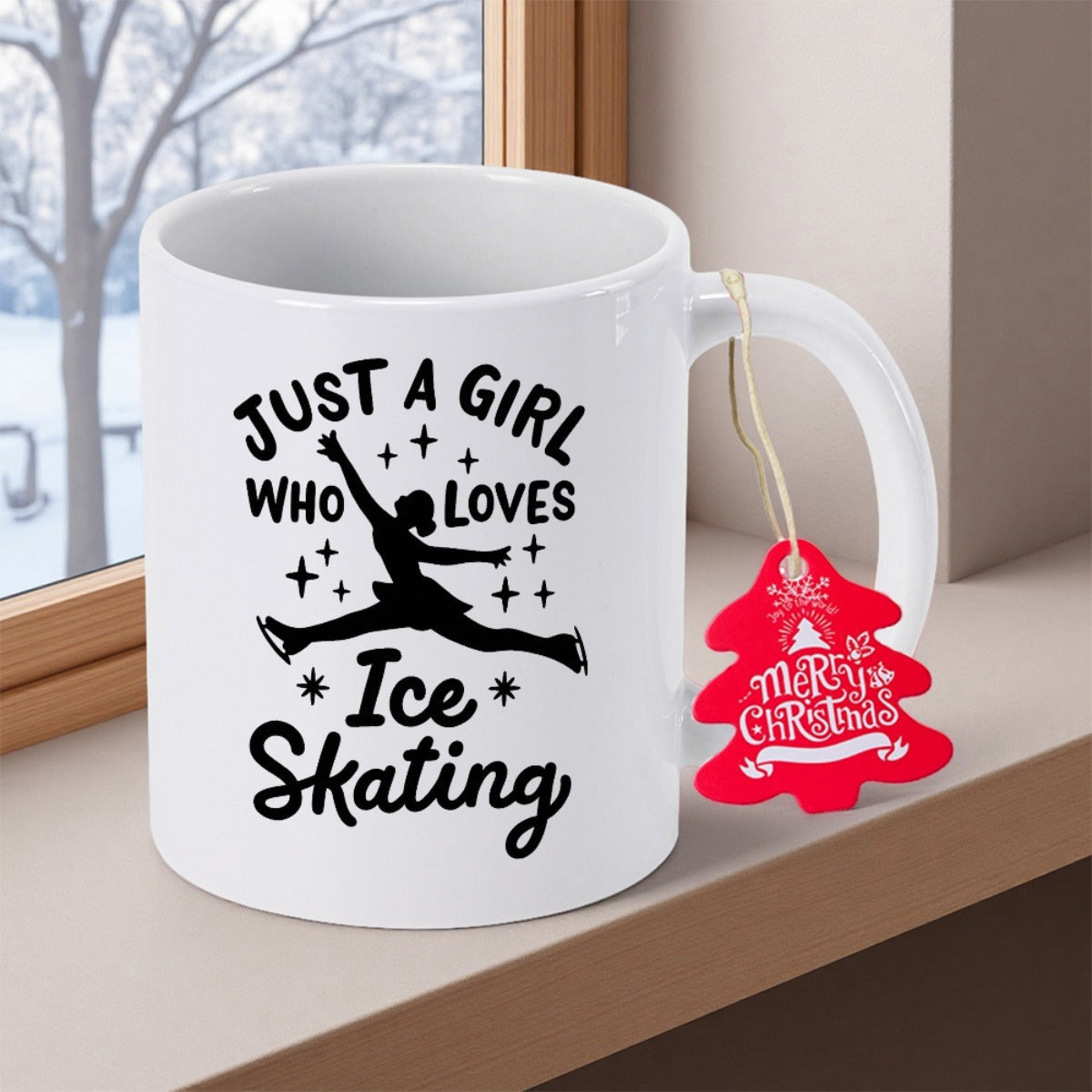 Tailorly White Ceramic 11 oz Mug - Just A Girl Who Loves Ice Skating Graceful Girl Performing Athletic Jumps Surrounded By Tiny Shining Stars Skater