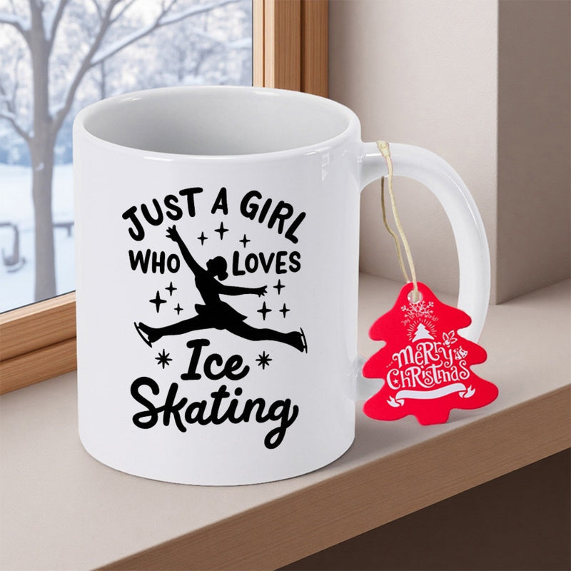 Tailorly White Ceramic 11 oz Mug - Just A Girl Who Loves Ice Skating Graceful Girl Performing Athletic Jumps Surrounded By Tiny Shining Stars Skater