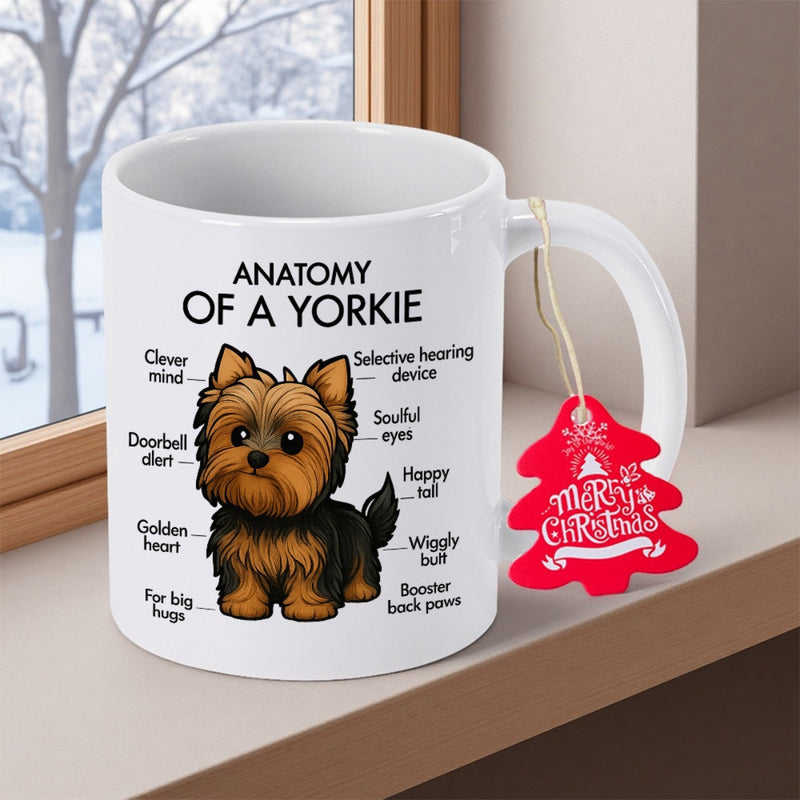 Tailorly White Ceramic 11 oz Mug - Anatomy Of A Yorkie Adorable Cartoon Dog Sitting With Humorous Anatomical Labels And Pointing Arrows Yorkie