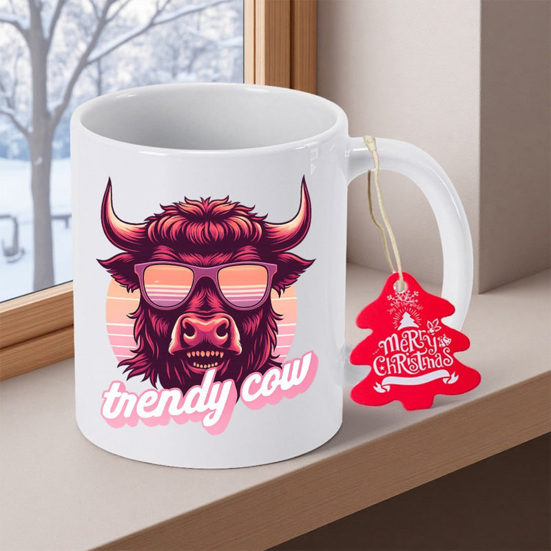 Tailorly White Ceramic 11 oz Mug - Trendy Cow Stylized Highland Bull Wearing Cool Sunglasses In Retro Sunset Scene Cow
