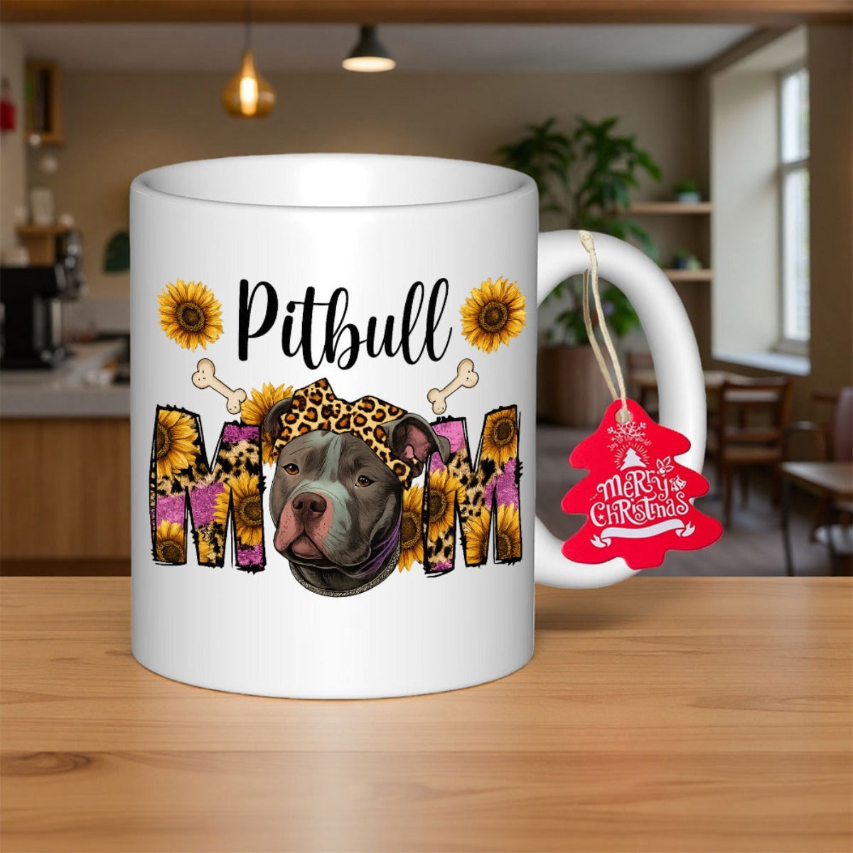 Tailorly White Ceramic 11 oz Mug - Pitbull Mom Merry Christmas Adorable Pitbull Wearing Leopard Bandana Among Golden Sunflowers And Bones Pitbull