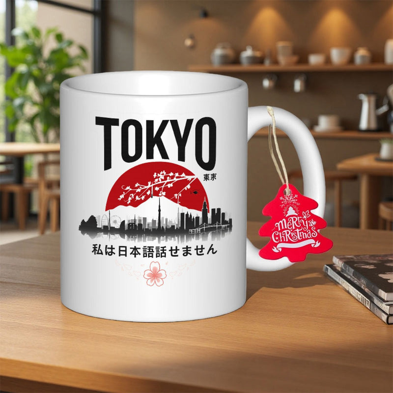 Tailorly White Ceramic 11 oz Mug - Tokyo Iconic Cityscape With Rising Sun And Cherry Blossoms Over Reflection Skyline