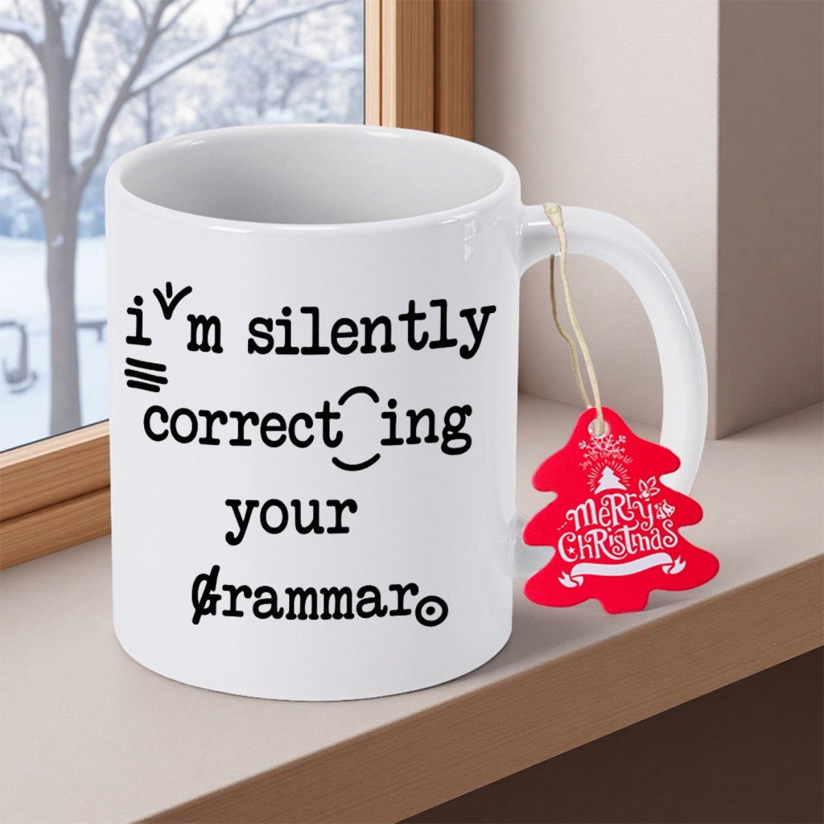 Tailorly White Ceramic 11 oz Mug - Im Silently Correcting Your Grammar Minimalist Proofreading Symbols Scattered Around Bold Witty Black Script Mug