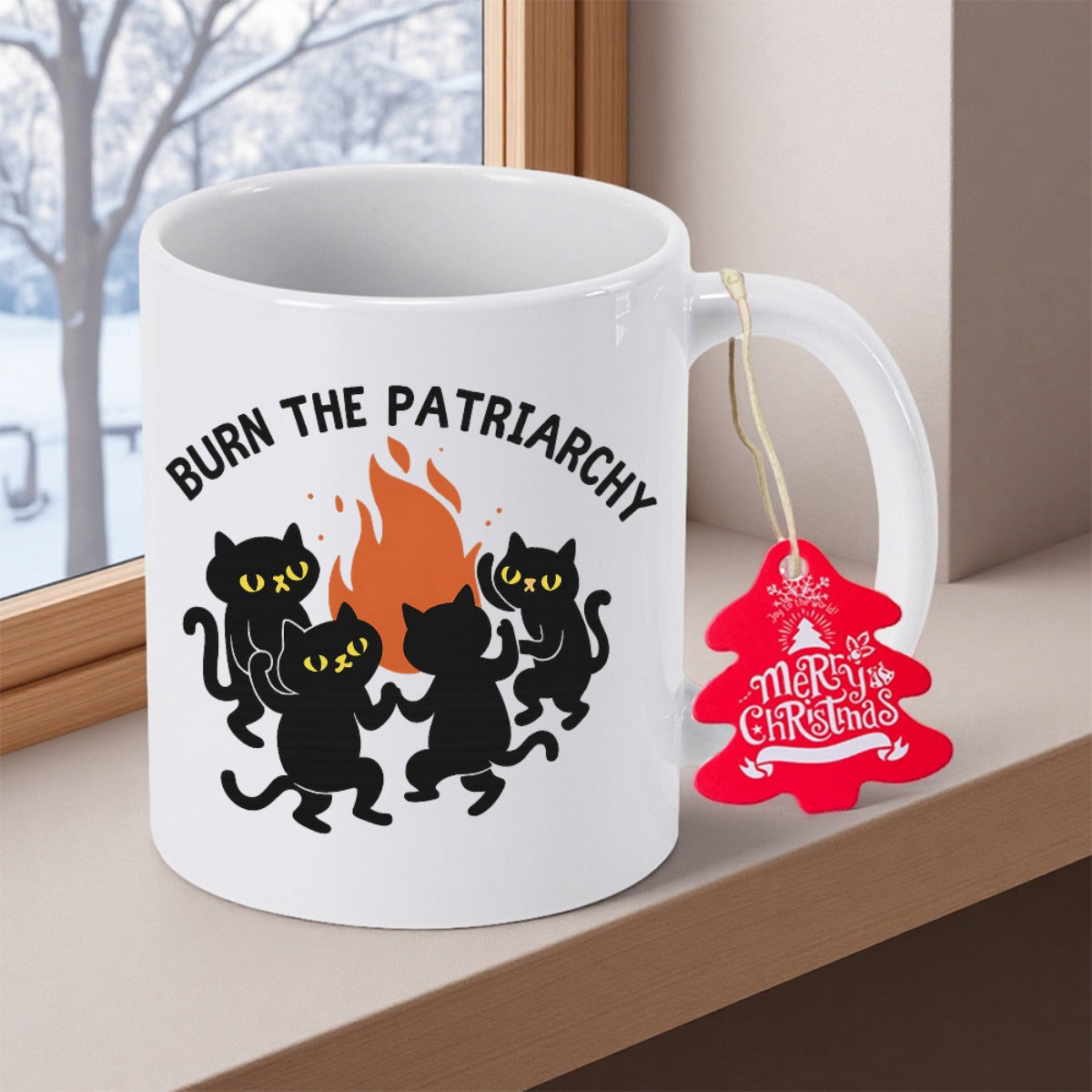 Tailorly White Ceramic 11 oz Mug - Burn The Patriarchy Dancing Silhouette Black Cats Around An Orange Glowing Bonfire Flame Cat