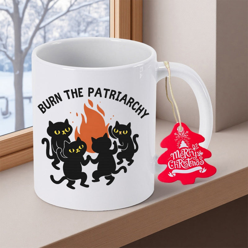 Tailorly White Ceramic 11 oz Mug - Burn The Patriarchy Dancing Silhouette Black Cats Around An Orange Glowing Bonfire Flame Cat