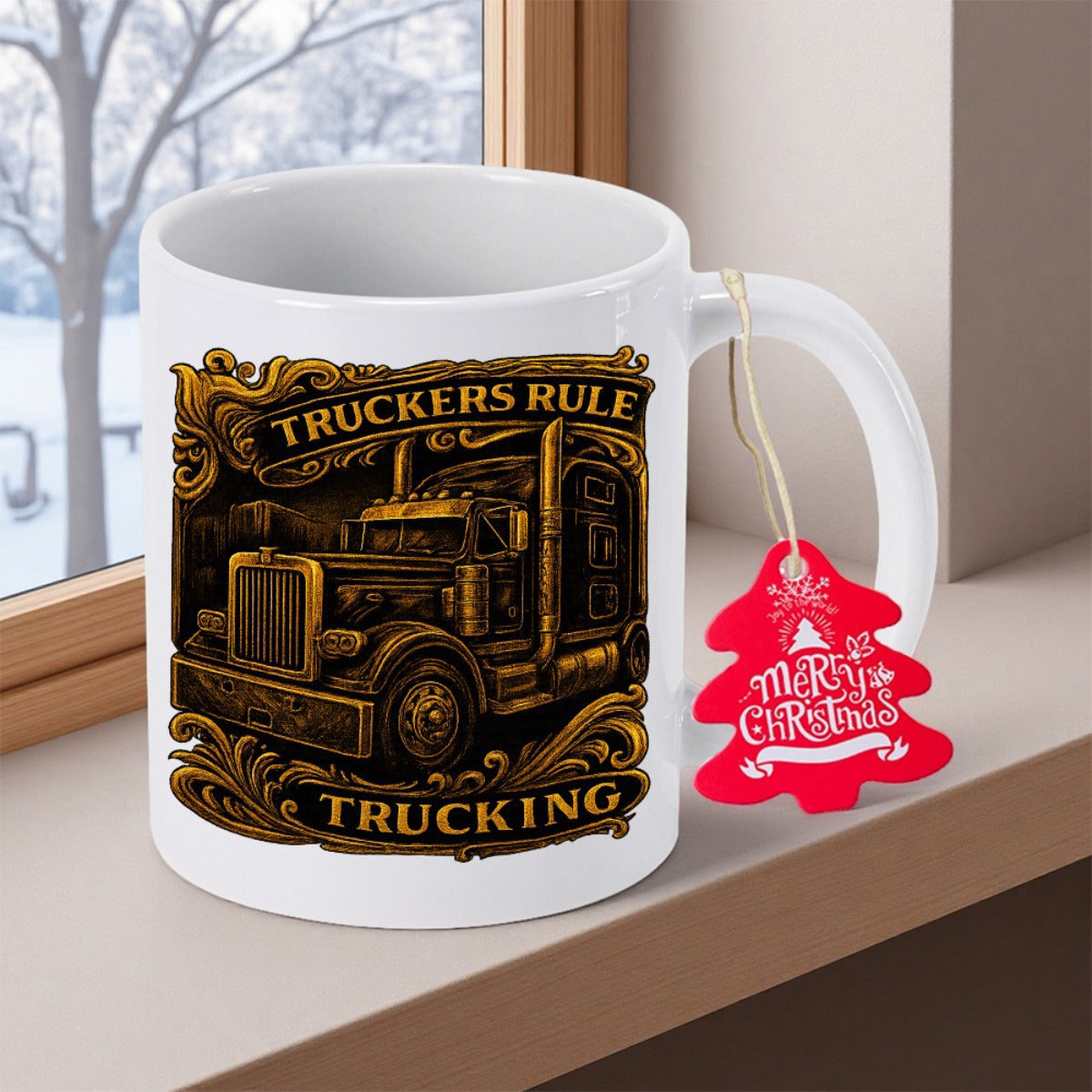 Tailorly White Ceramic 11 oz Mug - Truckers Rule Trucking Golden Vintage Semi Hauler With Detailed Ornate Engraved Filigree Style Truck