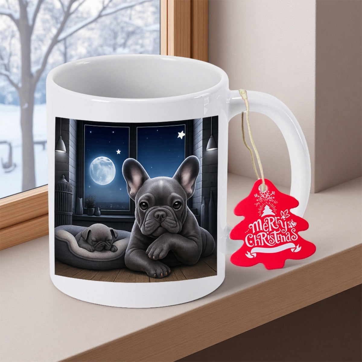 Tailorly White Ceramic 11 oz Mug - Merry Christmas Adorable French Bulldogs Resting Quietly Under A Glowing Full Moon Night Sky Dog