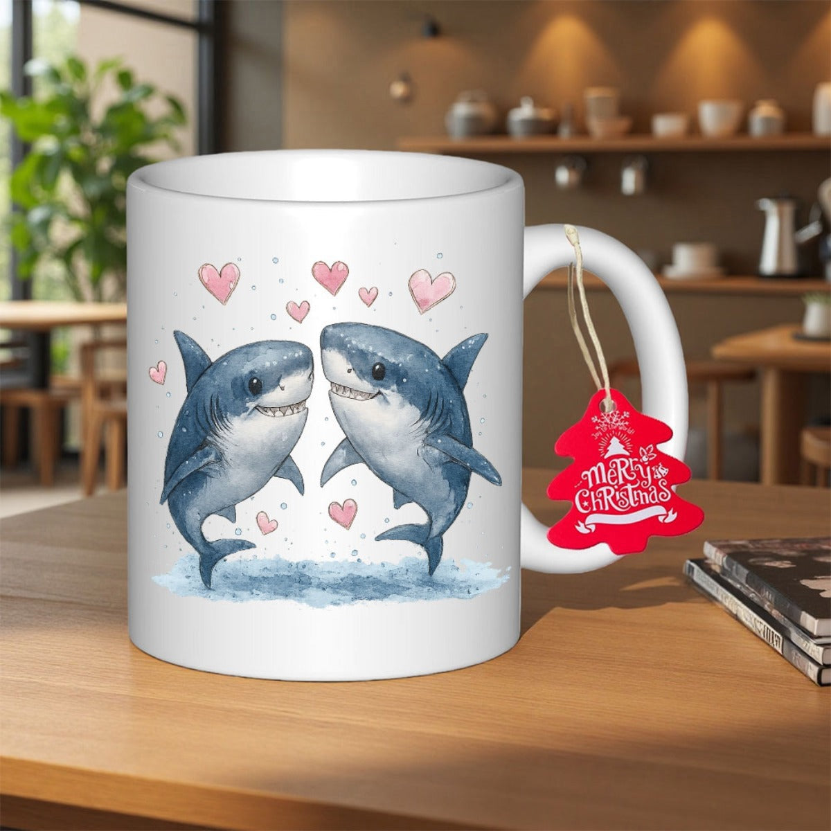 Tailorly White Ceramic 11 oz Mug - Merry Christmas Two Cute Cartoon Aquatic Creatures Floating Among Soft Pink Hearts Shark