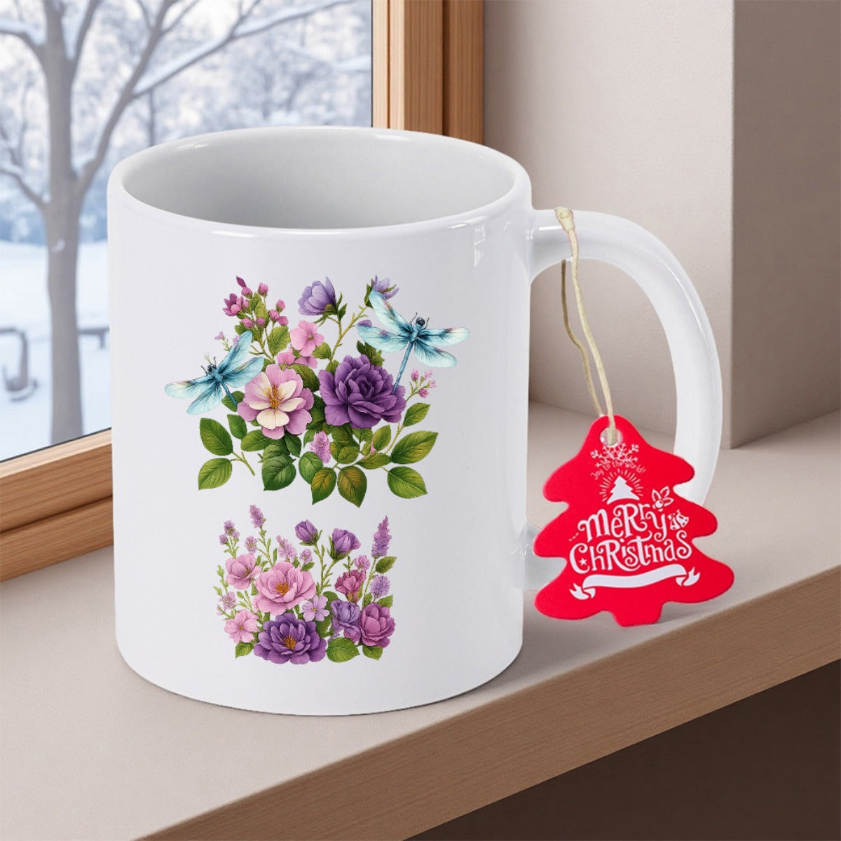 Tailorly White Ceramic 11 oz Mug - Merry Christmas Elegant Purple Roses And Blue Dragonflies With Wildflowers Growing Among Lush Leaves Flower