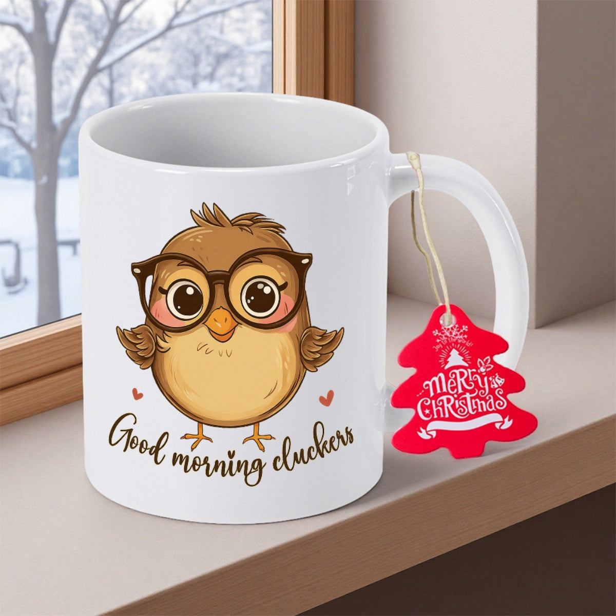 Tailorly White Ceramic 11 oz Mug - Good Morning Cluckers Merry Christmas Cute Brown Cartoon Chick Wearing Round Glasses With Small Hearts Bird