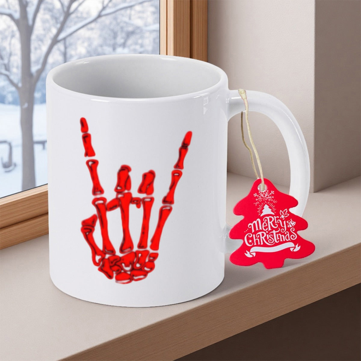 Tailorly White Ceramic 11 oz Mug - Vibrant Red Anatomical Skeleton Bones Gesturing A Heavy Metal Music Hand