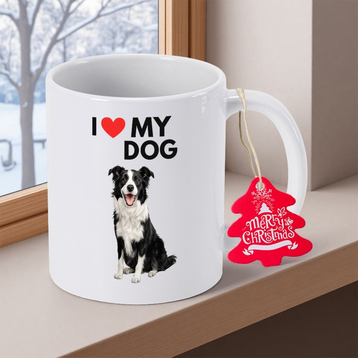 Tailorly White Ceramic 11 oz Mug - I Love My Dog Faithful Border Collie Sitting Contentedly With A Bright Red Heart Dog