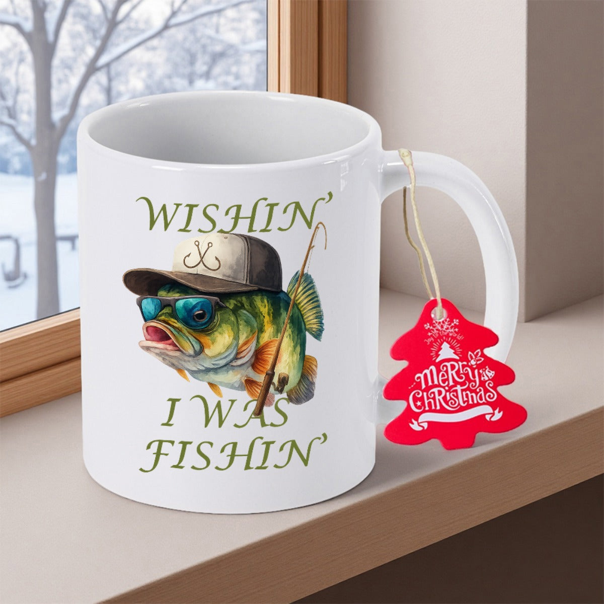 Tailorly White Ceramic 11 oz Mug - Wishin I Was Fishin Cartoon Bass Fish Wearing Stylish Sunglasses And Fishing Hat Bass
