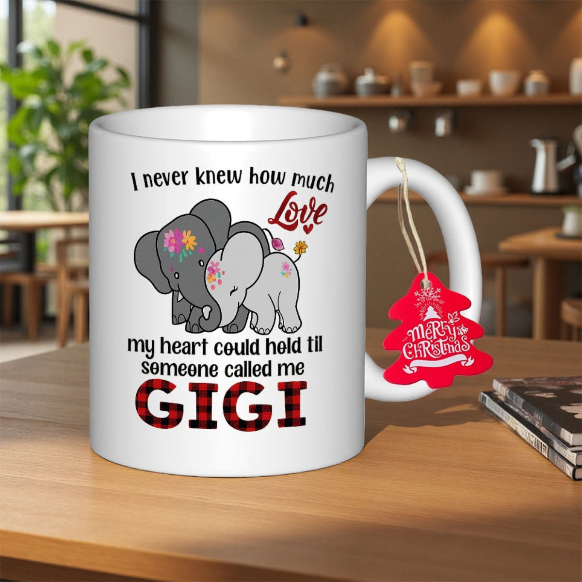 Tailorly White Ceramic 11 oz Mug - I Never Knew How Much Love My Heart Could Hold Til Someone Called Me Gigi Two Cute Cartoon Elephants Cuddling Together With