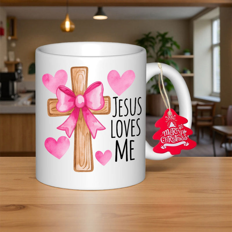Tailorly White Ceramic 11 oz Mug - Jesus Loves Me Rustic Wooden Texture Decor With Pink Bow And Soft Hearts Cross