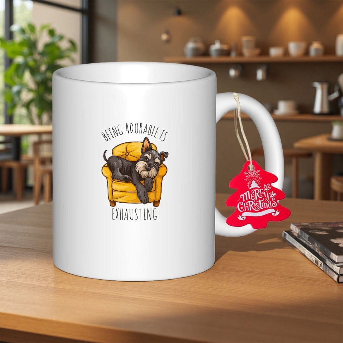 Tailorly White Ceramic 11 oz Mug - Being Adorable Is Exhausting Tiny Terrier Resting Peacefully On A Vibrant Yellow Plush Armchair Dog