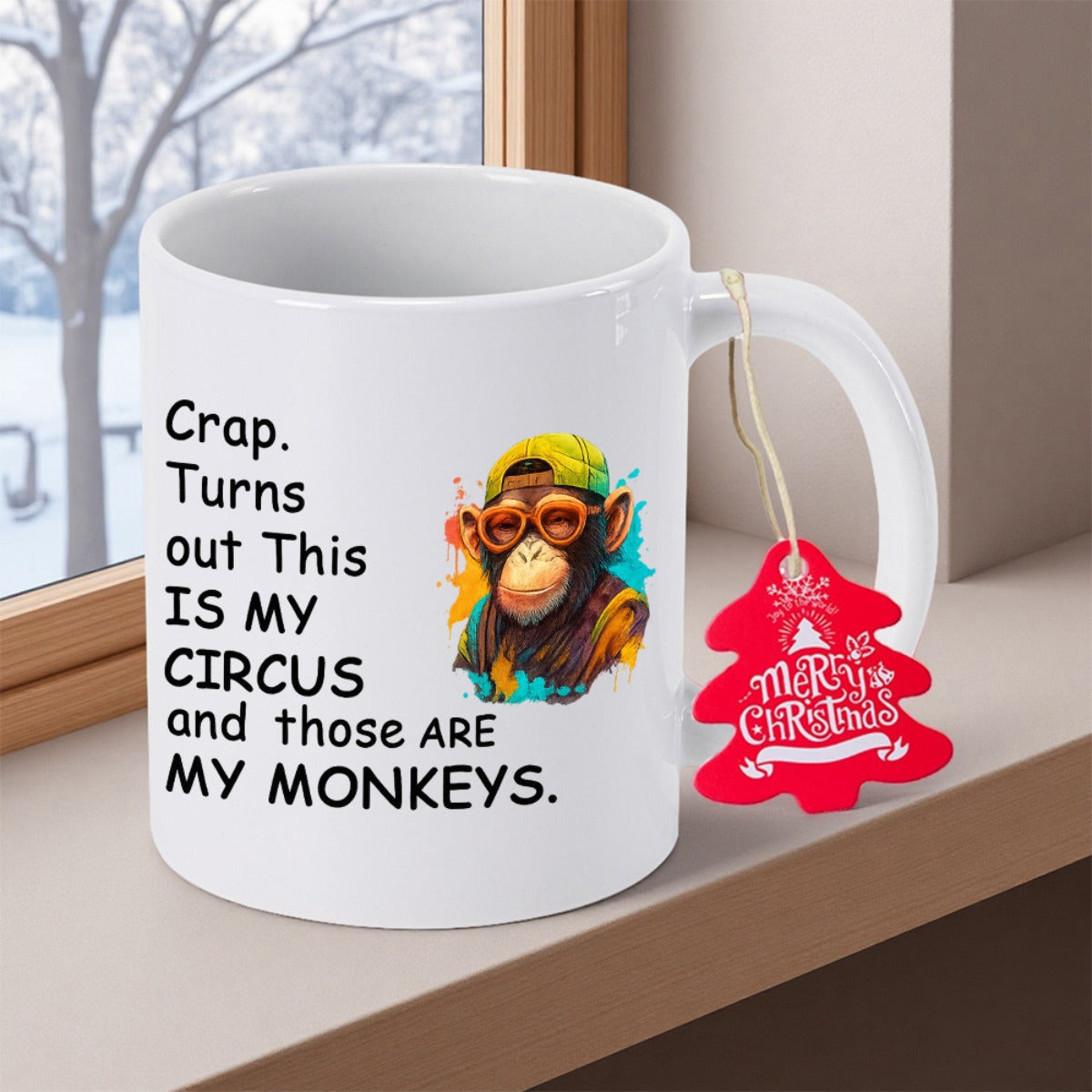 Tailorly White Ceramic 11 oz Mug - Crap Turns Out This Is My Circus And Those Are My Monkeys Colorful Artistic Chimpanzee Wearing Vibrant Orange Sunglasses And