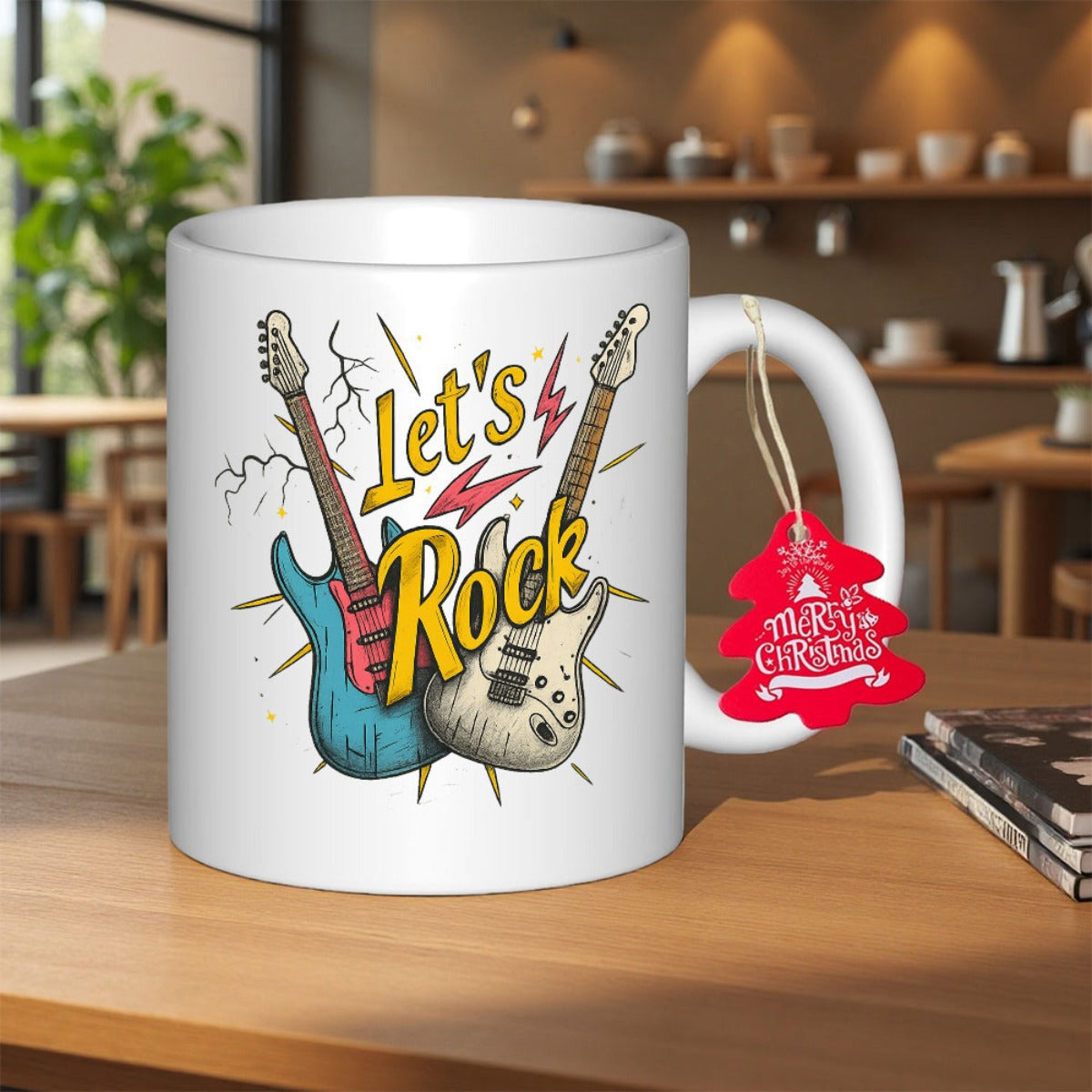 Tailorly White Ceramic 11 oz Mug - Let's Rock Stylized Electric Instruments With Energetic Lightning Bolts And Musical Burst Guitar