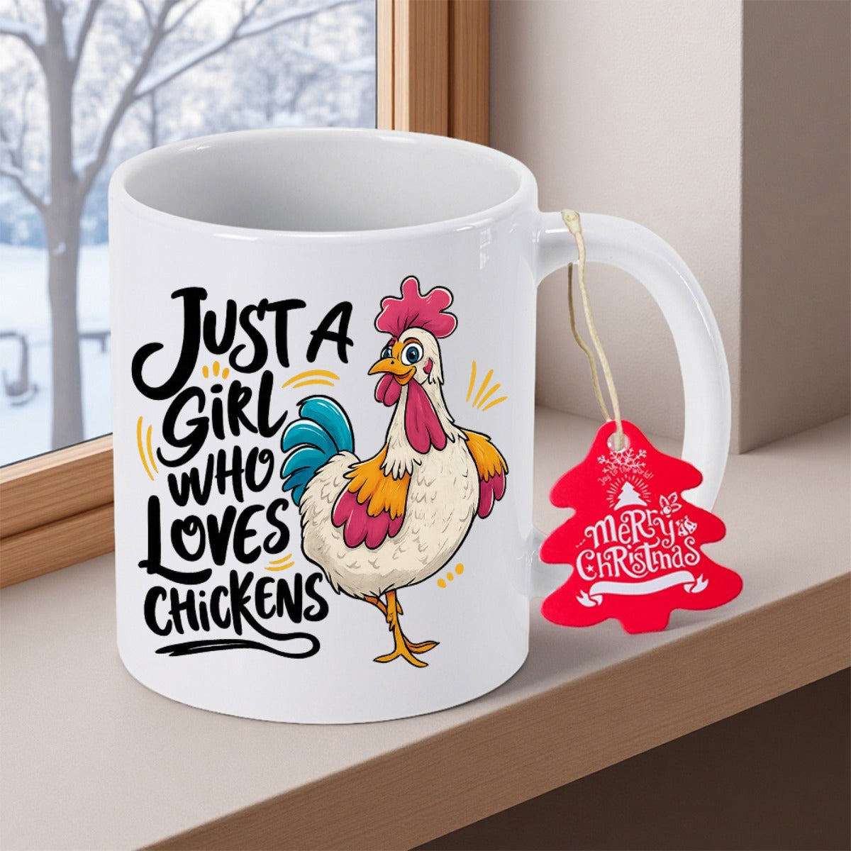 Tailorly White Ceramic 11 oz Mug - Just A Girl Who Loves Chickens Vibrant Hand Drawn Cartoon Rooster With Colorful Feathers And Red Comb Chicken