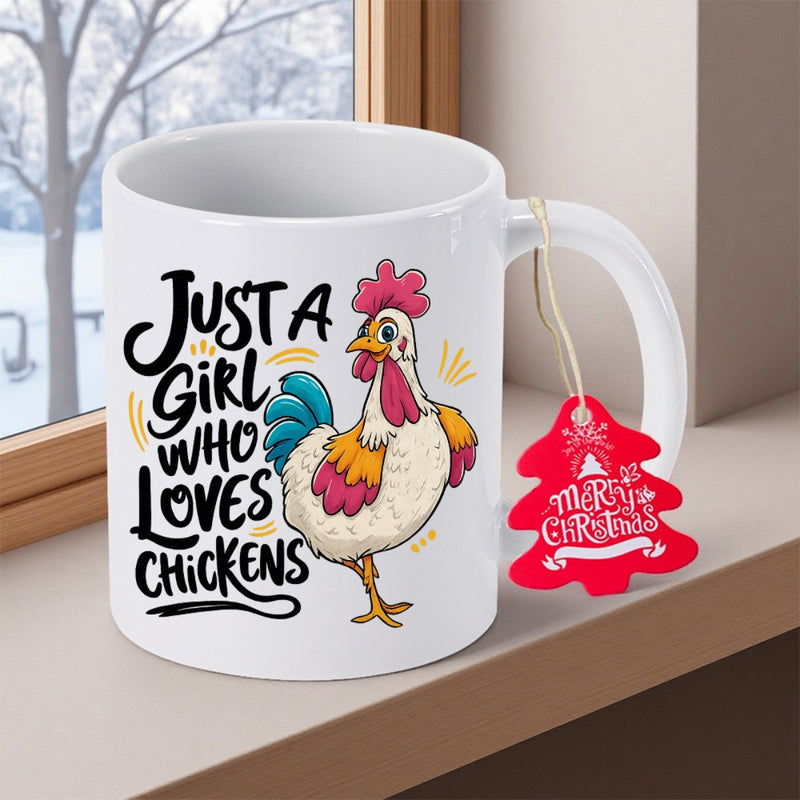 Tailorly White Ceramic 11 oz Mug - Just A Girl Who Loves Chickens Vibrant Hand Drawn Cartoon Rooster With Colorful Feathers And Red Comb Chicken