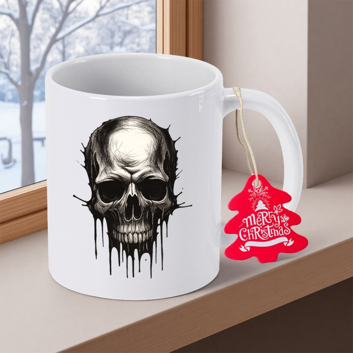 Tailorly White Ceramic 11 oz Mug - Merry Christmas Dark Artistic Ink Dripping From A Detailed Gothic Human Skull