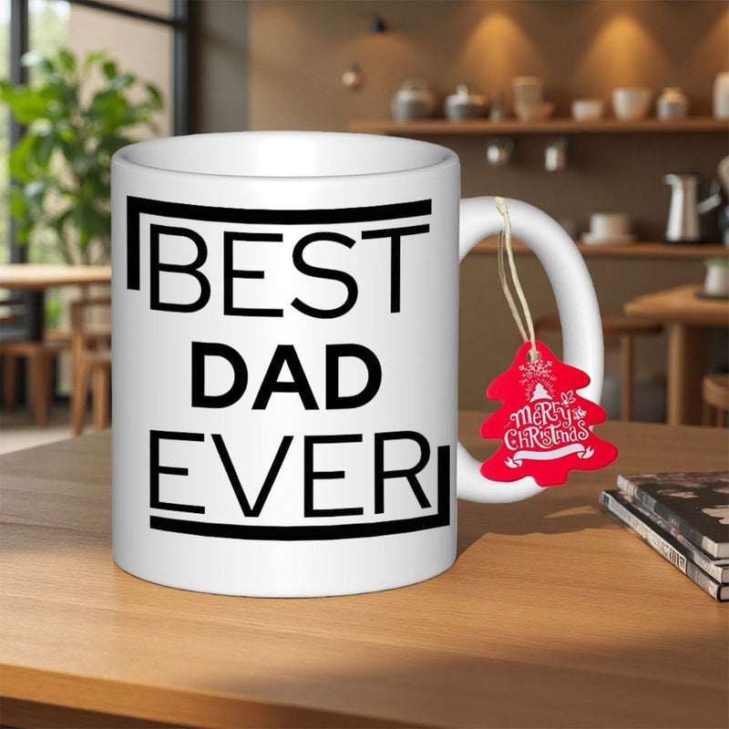Tailorly White Ceramic 11 oz Mug - Best Dad Ever Merry Christmas White Ceramic Vessel With Bold Typography Inside Minimalist Geometric Frames Mug