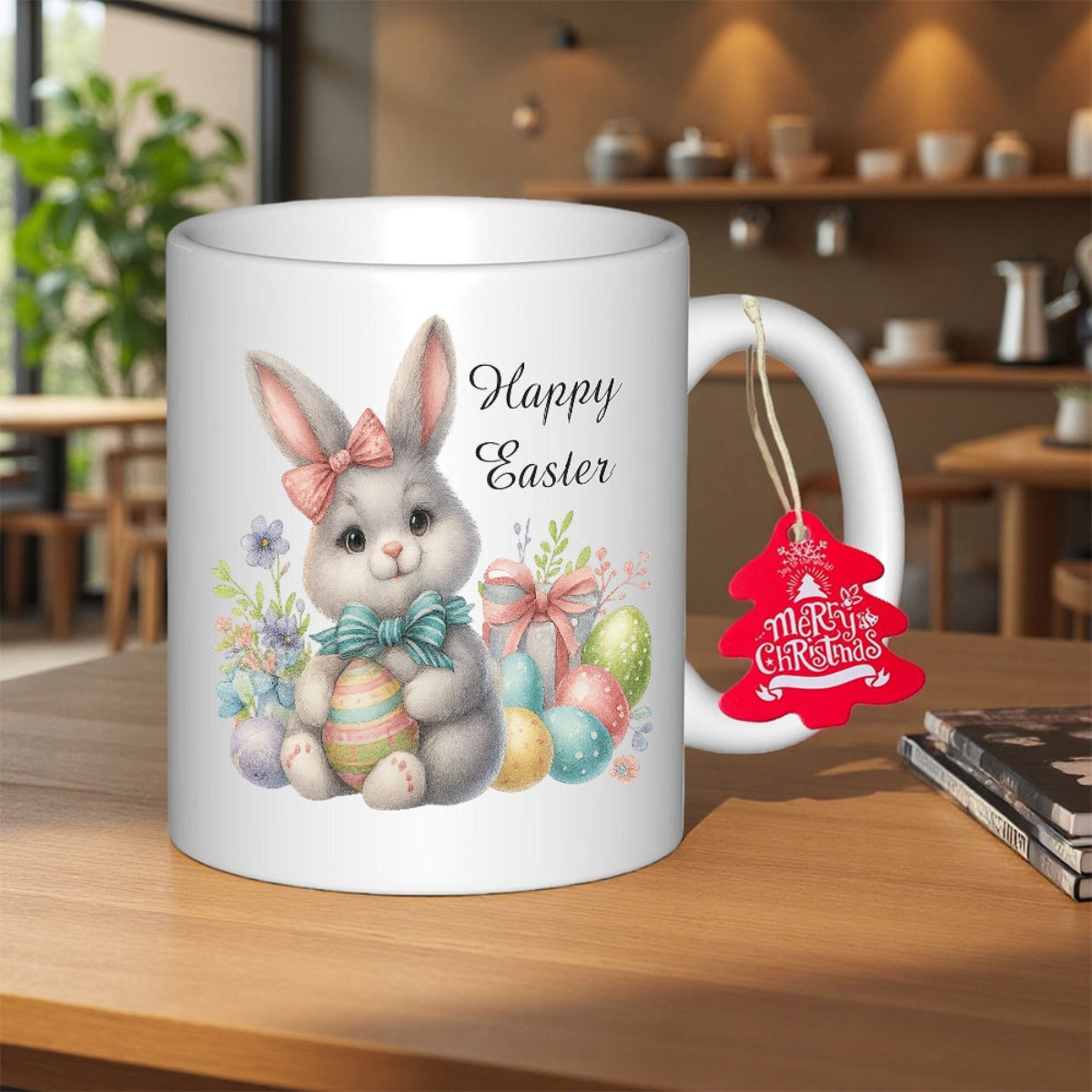 Tailorly White Ceramic 11 oz Mug - Happy Easter Adorable Watercolor Bunny Holding Colorful Egg Among Spring Flowers Rabbit