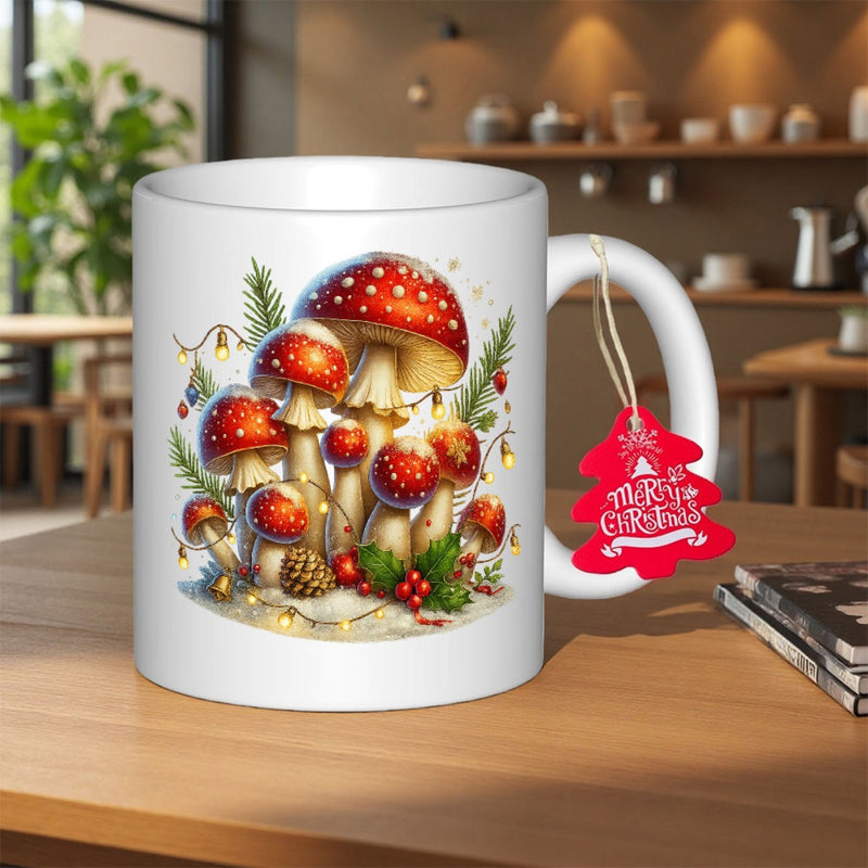 Tailorly White Ceramic 11 oz Mug - Merry Christmas Festive Red Spotted Fungi Nestled Among Green Pine Needles And Berries Mushroom