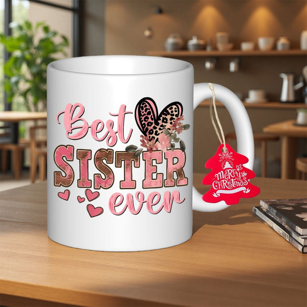 Tailorly White Ceramic 11 oz Mug - Best Sister Ever Floral Hearts With Leopard Print Texture And Small Pink Heart Details Mug