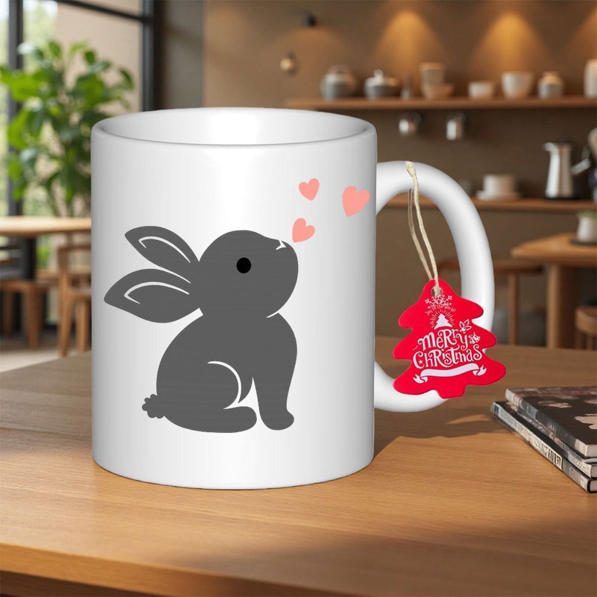 Tailorly White Ceramic 11 oz Mug - Minimalist Gray Silhouette With Floating Pink Hearts Above A Cute Rabbit