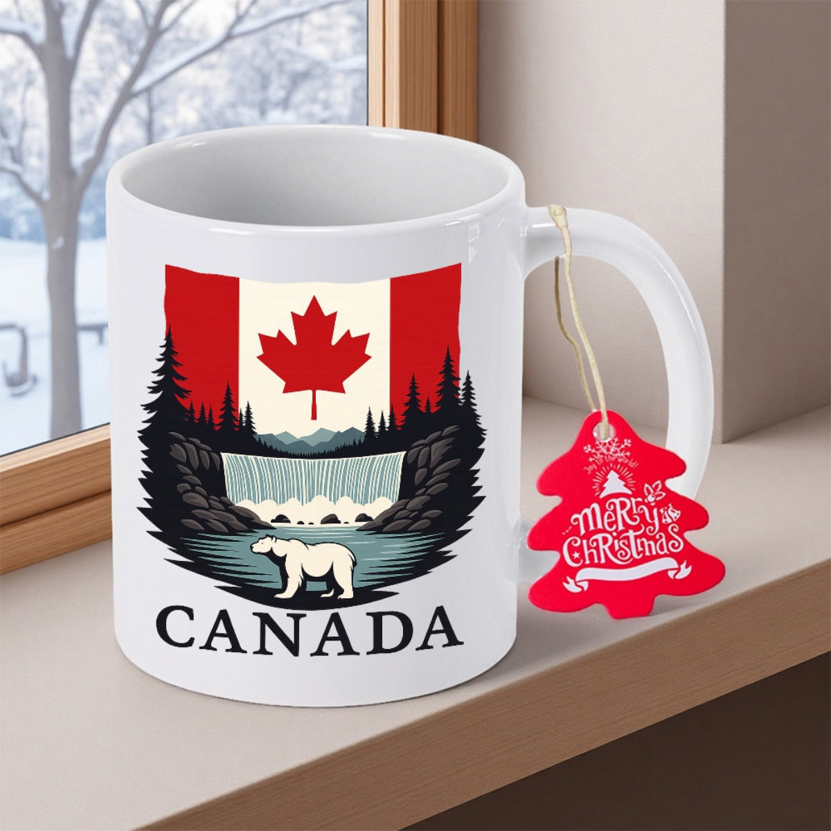 Tailorly White Ceramic 11 oz Mug - Canada Scenic Wilderness With Canadian Flag And Majestic Walking Polar Bear